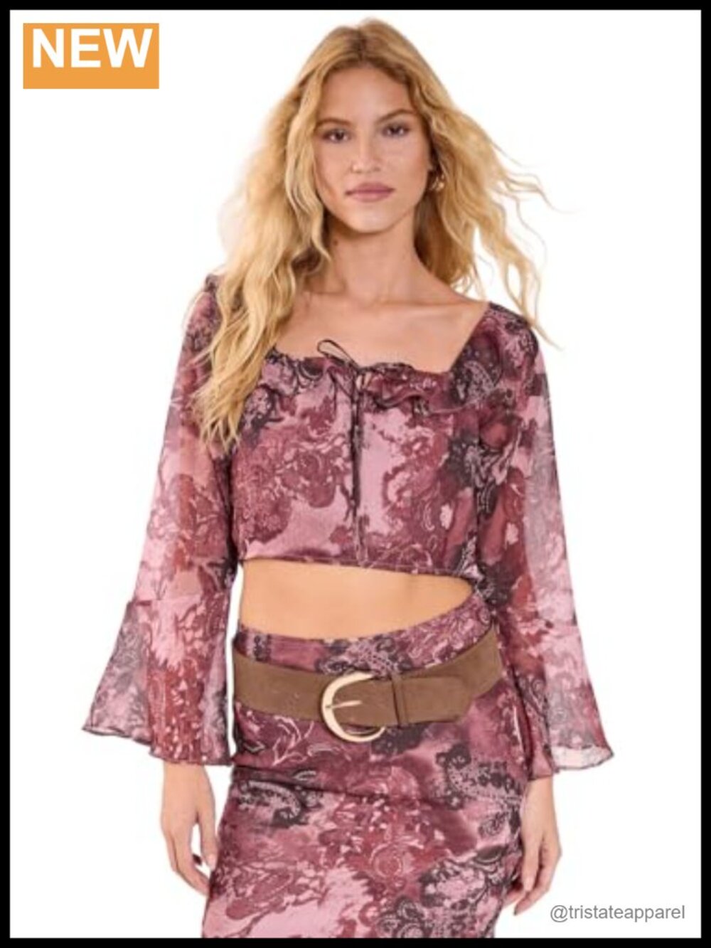 Paisley Print Chiffon Crop Top Ruffle Fluted Sleeve Square Neck